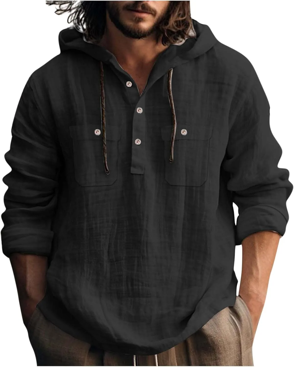 Мужская хлопковая льняная рубашка с капюшоном на пуговицах и карманами
Мужская хлопковая льняная рубашка с капюшоном на пуговицах и карманами