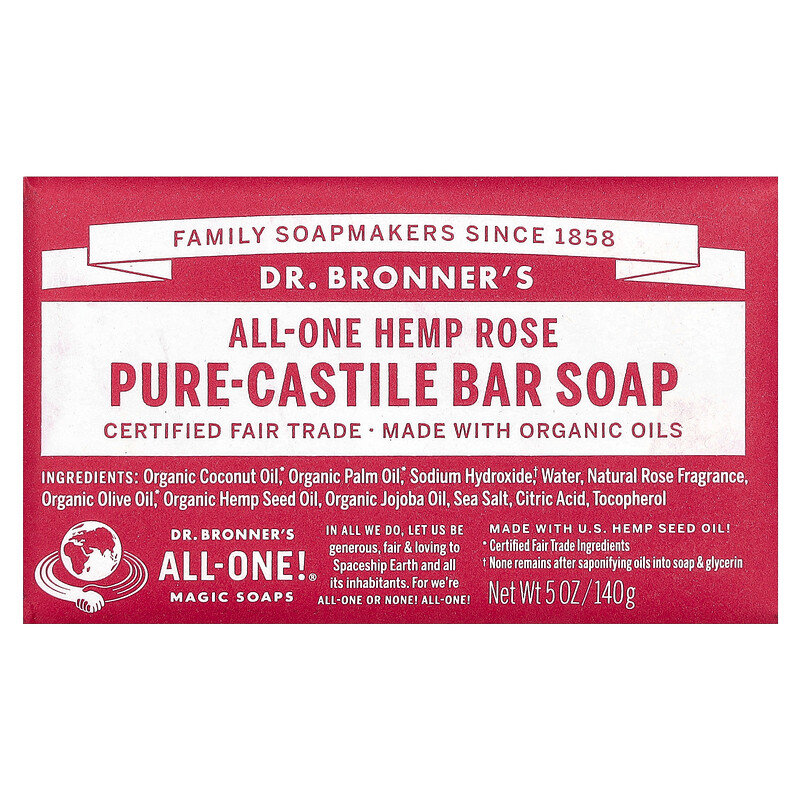 Dr. Bronner's, Чистое кастильское кусковое мыло, универсальное конопляное мыло, роза, 140 г (5 унций)
Dr. Bronner's, Чистое кастильское кусковое мыло, универсальное конопляное мыло, роза, 140 г (5 унций)