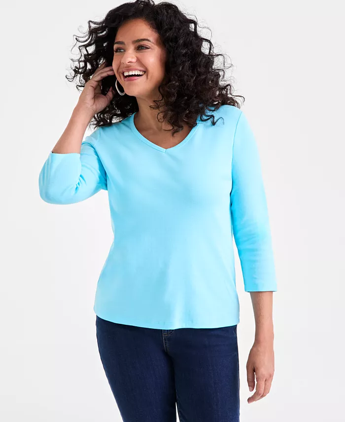 Женская хлопковая футболка с рукавом 3/4 и V-образным вырезом, PXS-4X Style & Co
Женская хлопковая футболка с рукавом 3/4 и V-образным вырезом, PXS-4X Style & Co