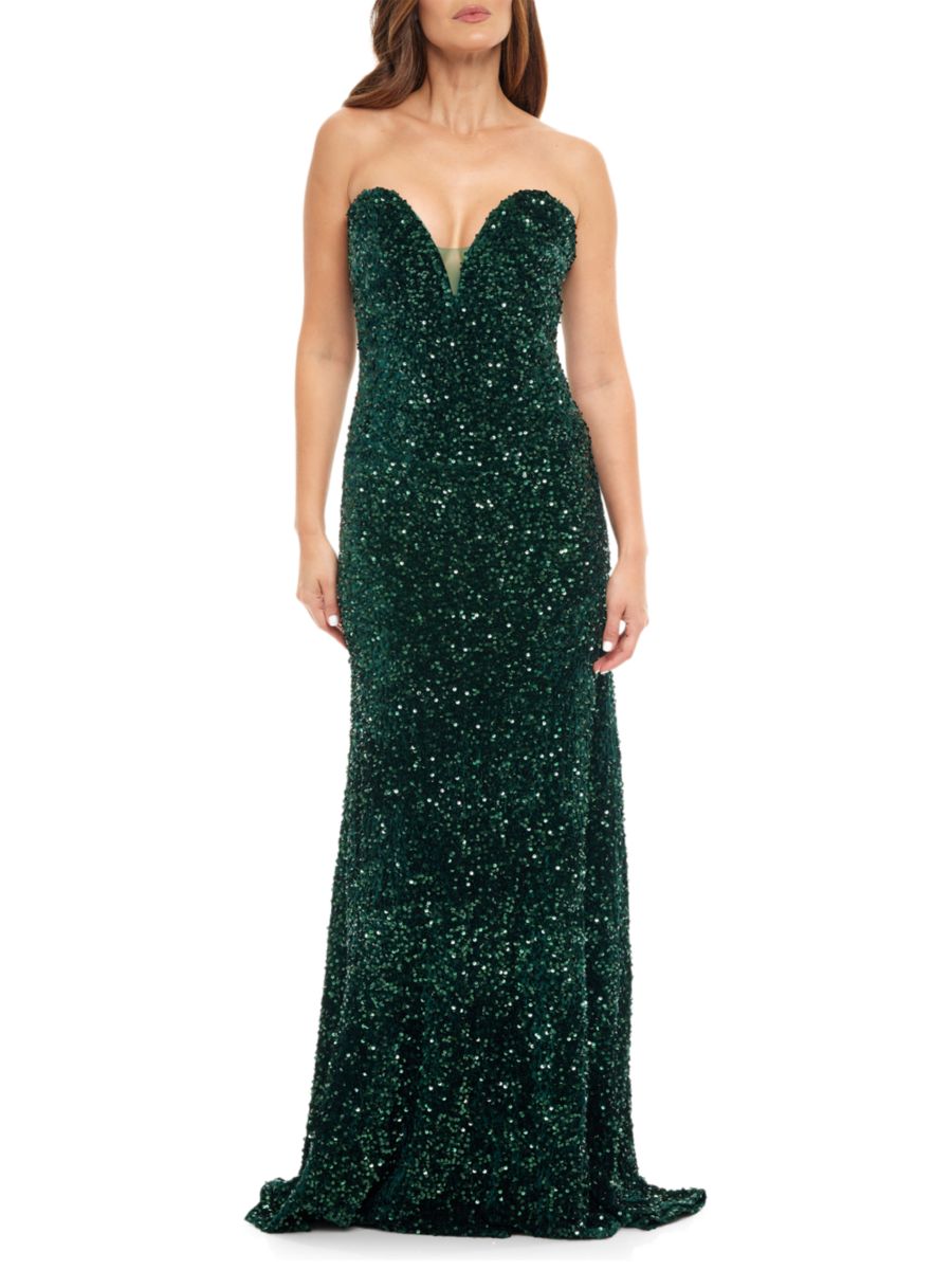 Платье без бретелек с глубоким декольте и пайетками Rene Ruiz Collection, цвет Emerald 
Платье без бретелек с глубоким декольте и пайетками Rene Ruiz Collection, цвет Emerald