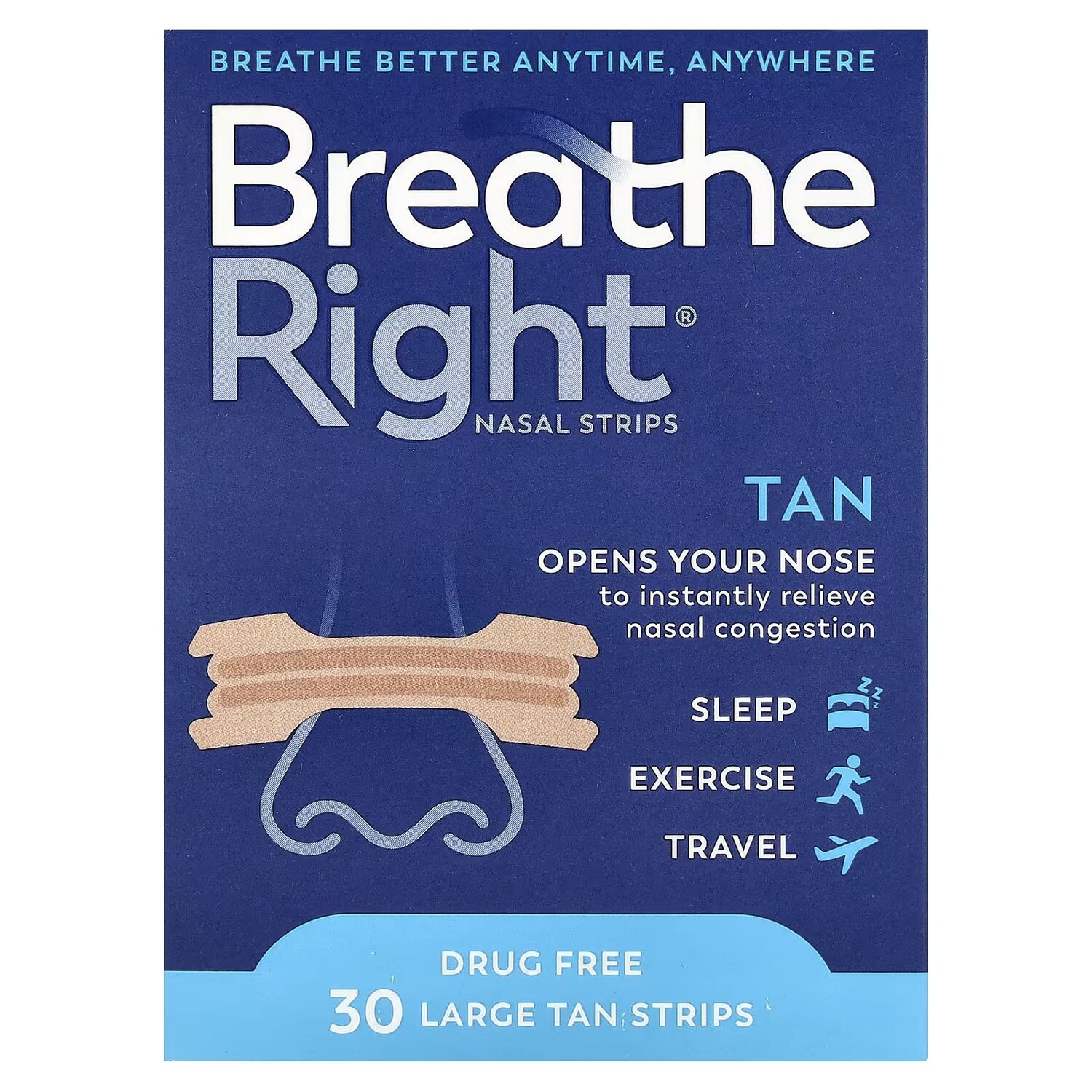 Назальные полоски, большие, коричневые, 30 полосок Breathe Right 
Назальные полоски, большие, коричневые, 30 полосок Breathe Right