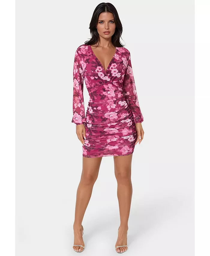 Женское мини-платье с длинными рукавами, имитацией запаха и сборками Bebe, красный 
Женское мини-платье с длинными рукавами, имитацией запаха и сборками Bebe, красный