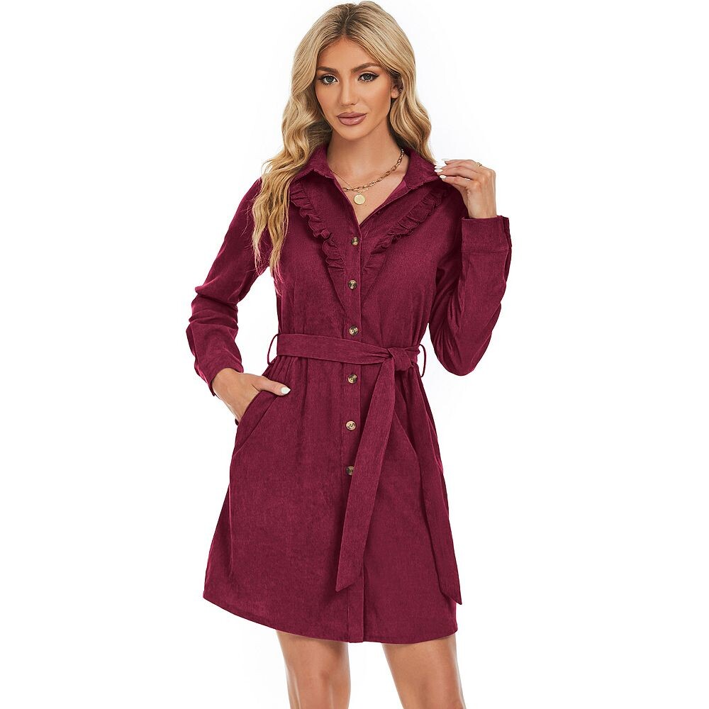 Женское вельветовое платье с рюшами и высокой талией на пуговицах спереди и поясом Kojooin, цвет Wine Red
Женское вельветовое платье с рюшами и высокой талией на пуговицах спереди и поясом Kojooin, цвет Wine Red