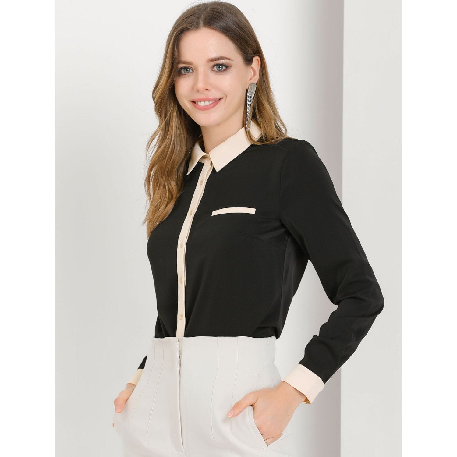 Женская рабочая рубашка на пуговицах с длинными рукавами и цветными блоками ALLEGRA K, черный
Женская рабочая рубашка на пуговицах с длинными рукавами и цветными блоками ALLEGRA K, черный