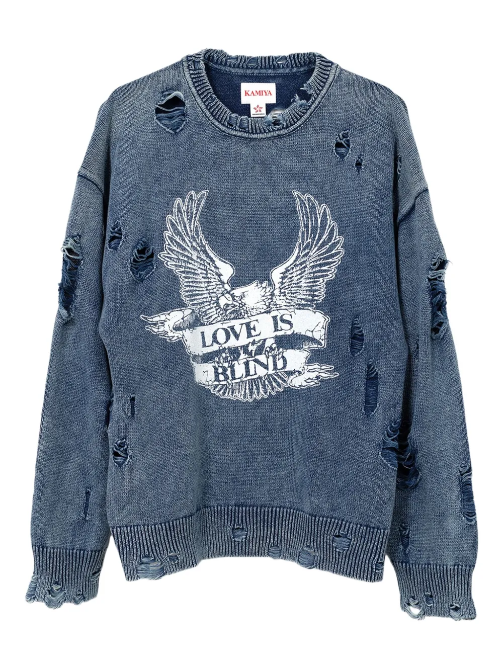 Свитер с эффектом потертости и принтом KAMIYA, синий 
Свитер с эффектом потертости и принтом KAMIYA, синий