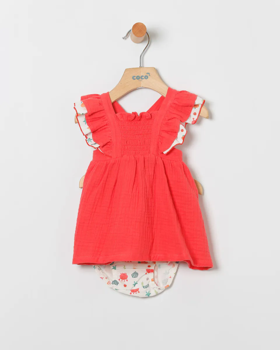 Платье для девочки с рюшами и трусиками с принтом Coco Acqua, коралловый 
Платье для девочки с рюшами и трусиками с принтом Coco Acqua, коралловый