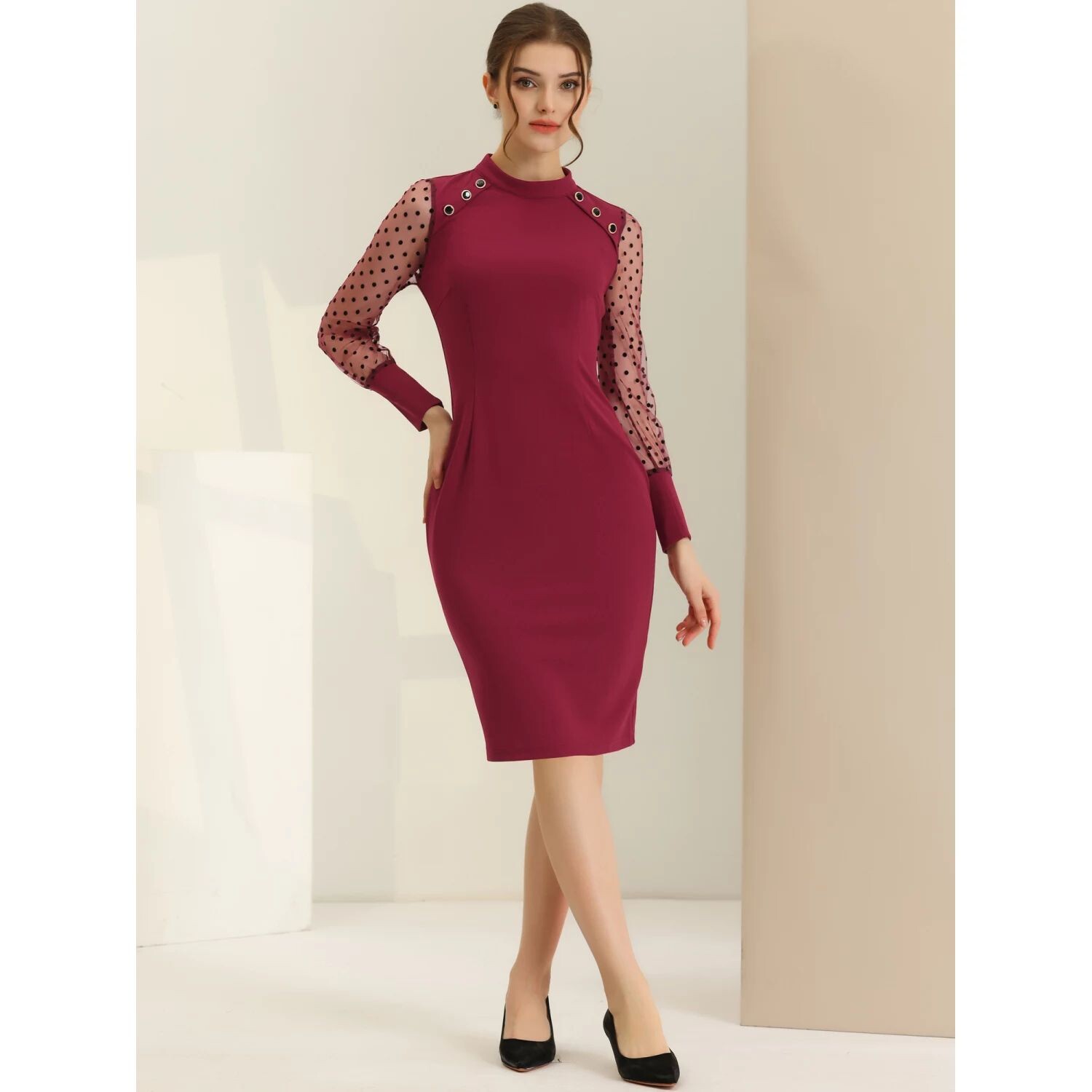 Женское платье-футляр миди с длинным рукавом и пуговицами в горошек и воротником-стойкой ALLEGRA K
Женское платье-футляр миди с длинным рукавом и пуговицами в горошек и воротником-стойкой ALLEGRA K