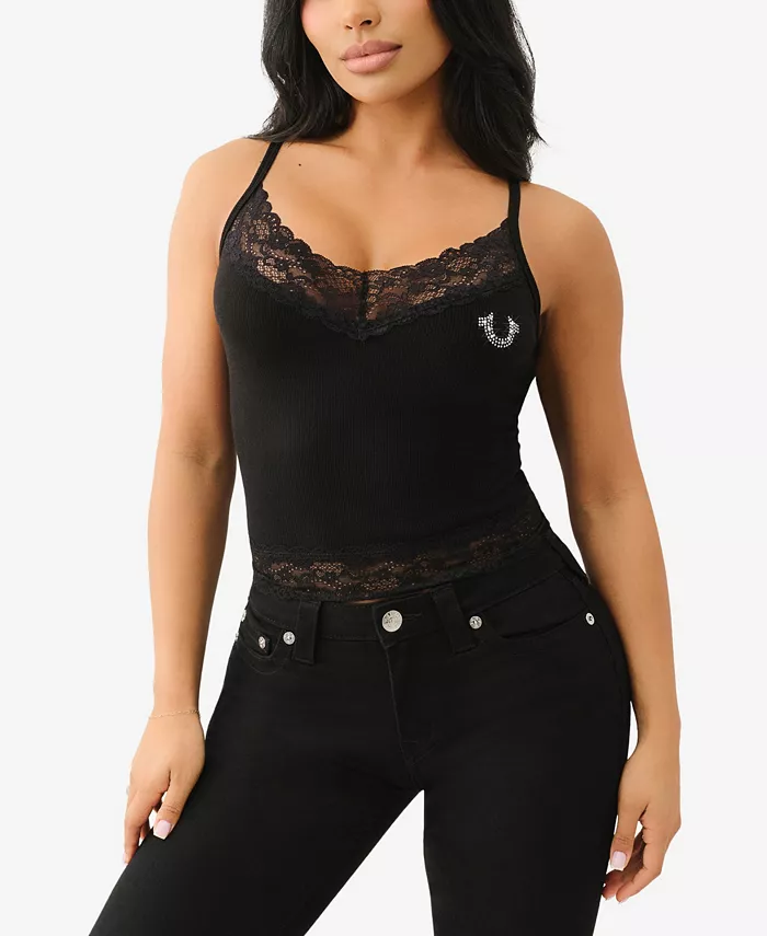 Женский топ без рукавов с вышивкой кристаллами и кружевом True Religion, черный 
Женский топ без рукавов с вышивкой кристаллами и кружевом True Religion, черный