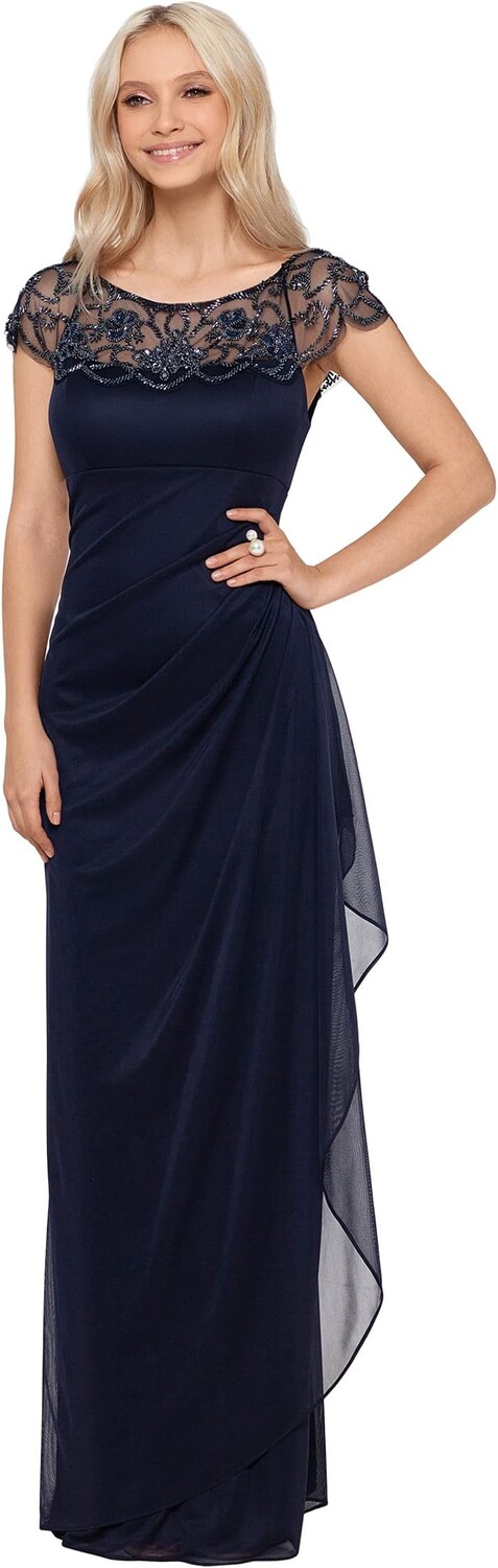 Платье XSCAPE Long Sheer Matte Jersey Side Rouch Dress with Chunky Bead, темно-синий
Платье XSCAPE Long Sheer Matte Jersey Side Rouch Dress with Chunky Bead, темно-синий