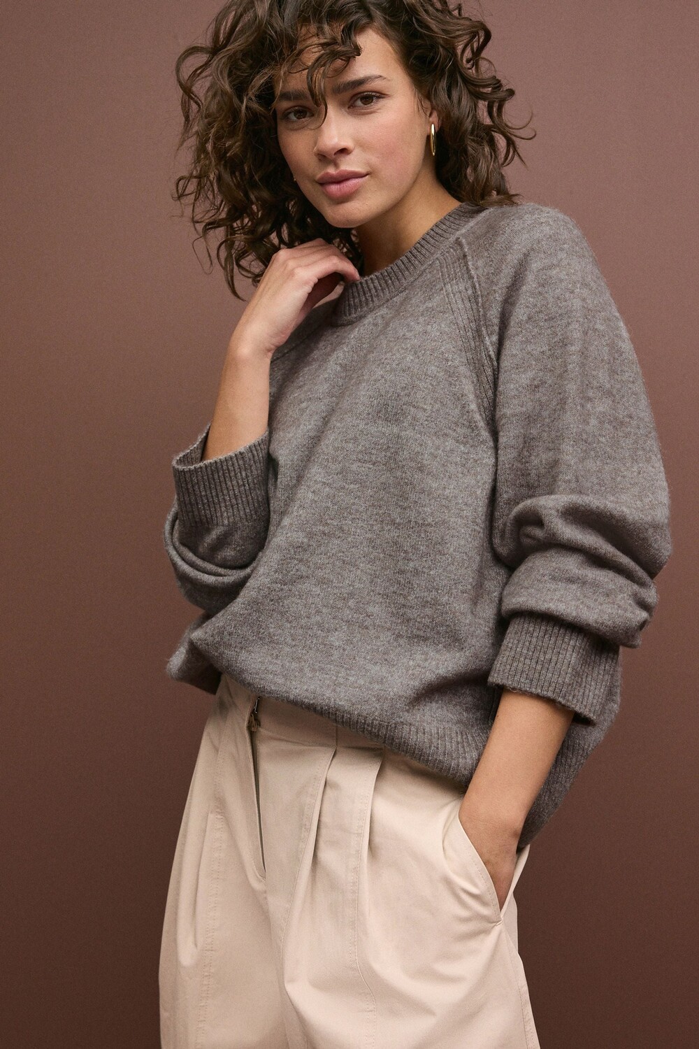 Джемпер с круглым вырезом и отделкой из шерсти Next, нейтральный