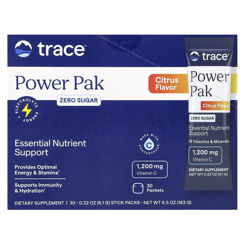 Trace, Power Pak, без сахара, цитрусовые, 30 пакетиков в стиках по 6,1 г (0,22 унции)
Trace, Power Pak, без сахара, цитрусовые, 30 пакетиков в стиках по 6,1 г (0,22 унции)