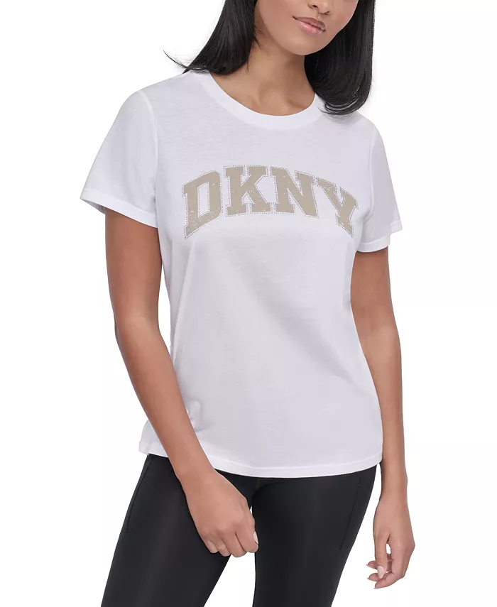 Женская хлопковая футболка с эффектом поношенности и стразами на логотипе DKNY, белый
Женская хлопковая футболка с эффектом поношенности и стразами на логотипе DKNY, белый