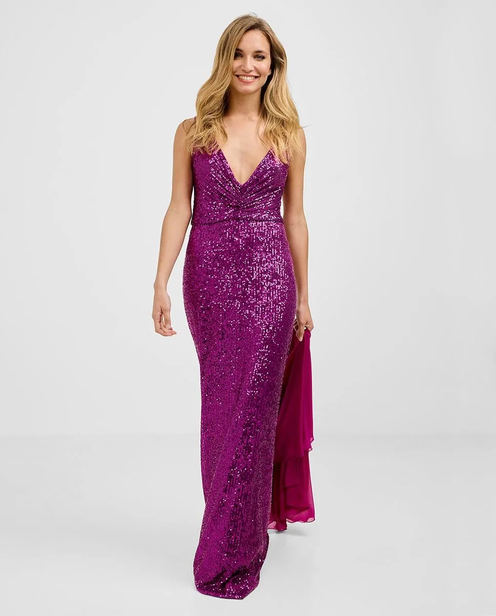 Длинное платье с пайетками и V-образным вырезом Veneno en la piel, фуксия
Длинное платье с пайетками и V-образным вырезом Veneno en la piel, фуксия