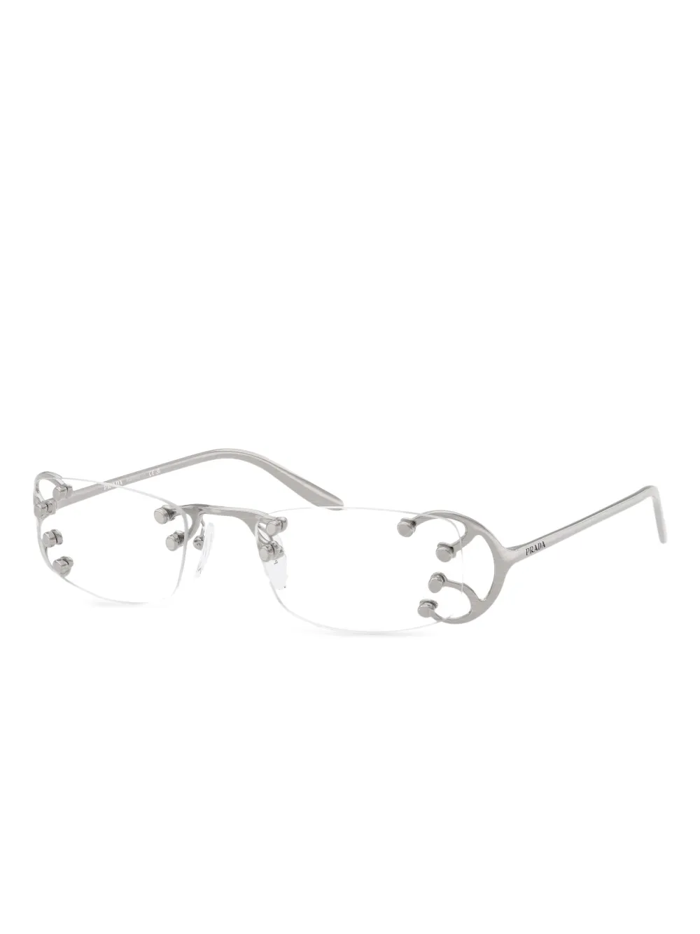 Безободковые очки с металлическими элементами Prada, серебристый
Безободковые очки с металлическими элементами Prada, серебристый