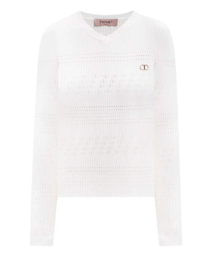 Вязаный свитер в рубчик цвета слоновой кости с логотипом в виде драгоценного камня. Twinset, белый
Вязаный свитер в рубчик цвета слоновой кости с логотипом в виде драгоценного камня. Twinset, белый