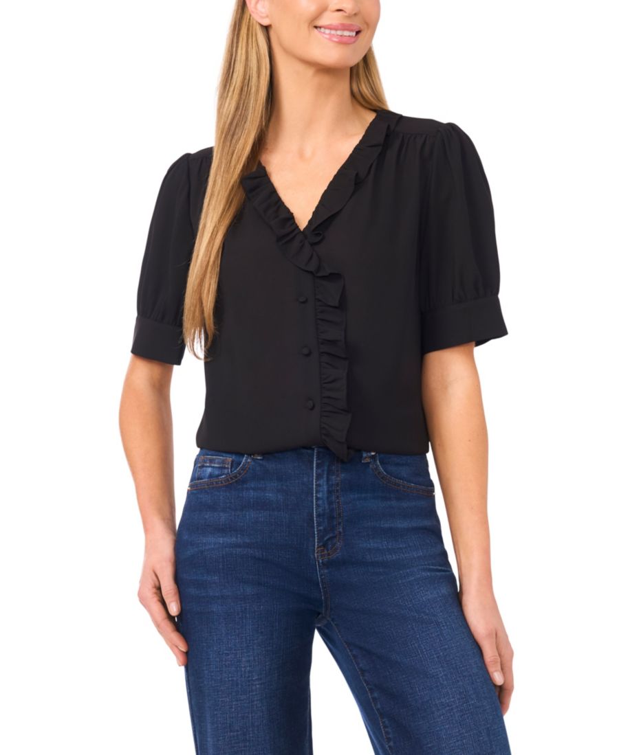 Женская блузка с короткими рукавами и оборками, на пуговицах CeCe, Rich Black
Женская блузка с короткими рукавами и оборками, на пуговицах CeCe, Rich Black