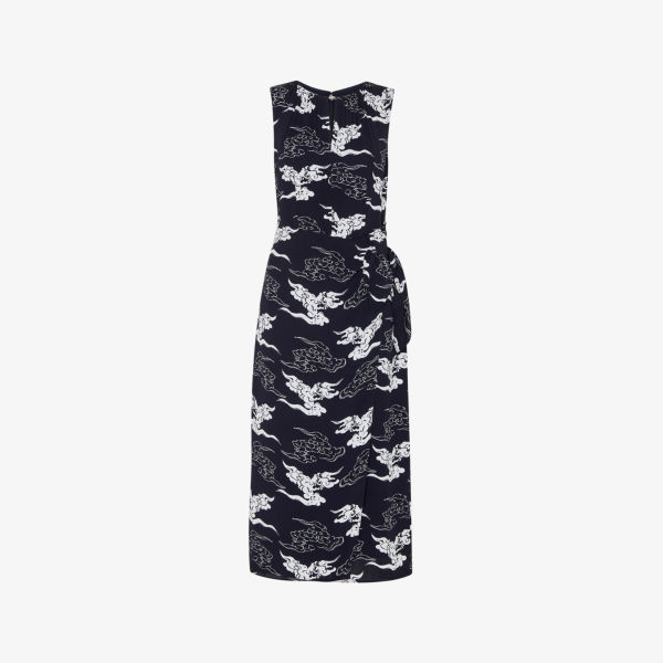 Платье миди Whistles с принтом "облака" и поясом на завязках, темно-синий 
Платье миди Whistles с принтом "облака" и поясом на завязках, темно-синий