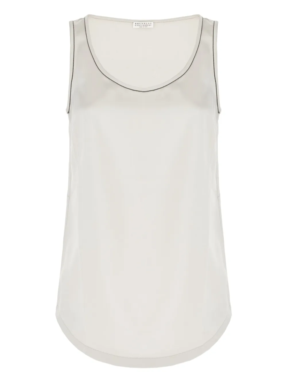 Атласный топ с декорированной отделкой Brunello Cucinelli, нейтральный 
Атласный топ с декорированной отделкой Brunello Cucinelli, нейтральный