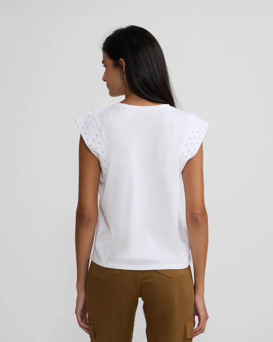 Женская футболка с наплечниками и белыми заклепками Silbon
Женская футболка с наплечниками и белыми заклепками Silbon