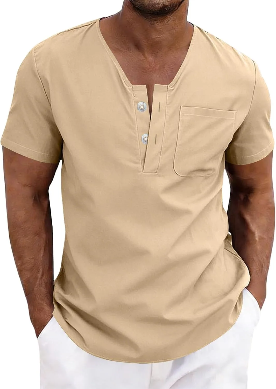 Мужская льняная рубашка хенли с коротким рукавом
Мужская льняная рубашка хенли с коротким рукавом