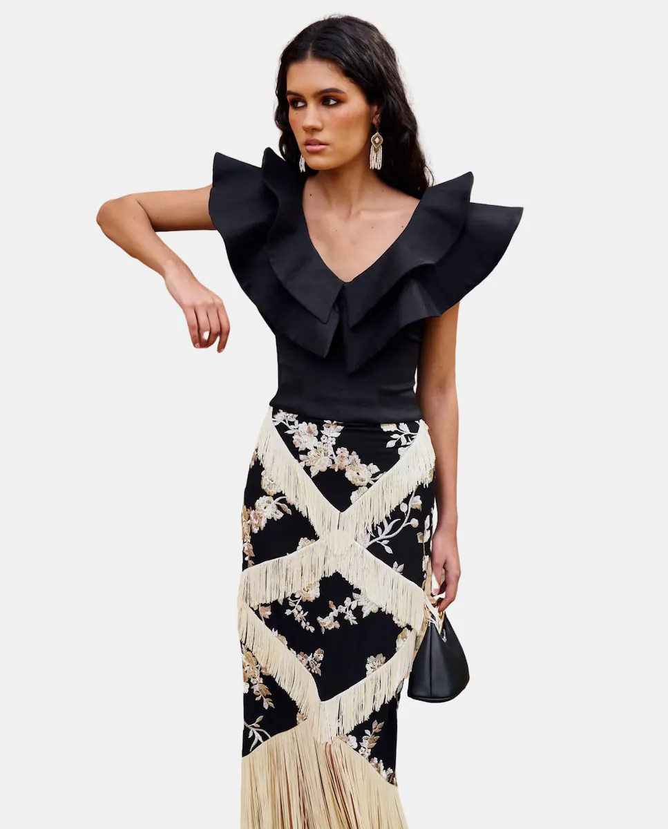 Женский топ с V-образным вырезом и двойной оборкой MIPHAI, черный
Женский топ с V-образным вырезом и двойной оборкой MIPHAI, черный