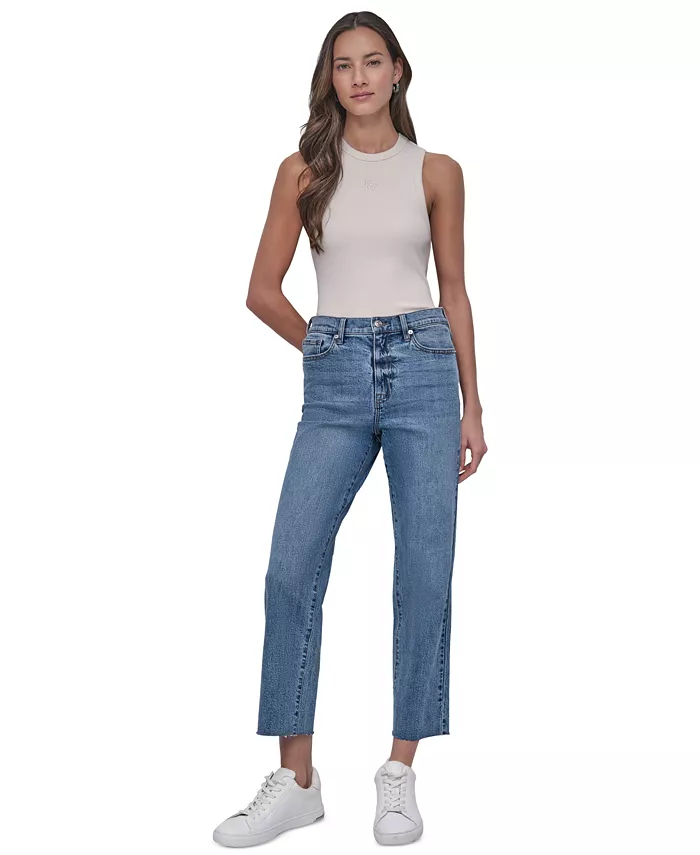 Женские джинсы с высокой посадкой, классические прямые, с необработанным краем DKNY Jeans, синий 
Женские джинсы с высокой посадкой, классические прямые, с необработанным краем DKNY Jeans, синий