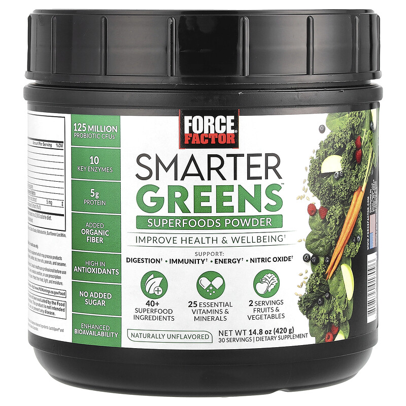 Force Factor, Smarter Greens , суперфуд в порошке, без добавок, 420 г (14,8 унции)
Force Factor, Smarter Greens , суперфуд в порошке, без добавок, 420 г (14,8 унции)