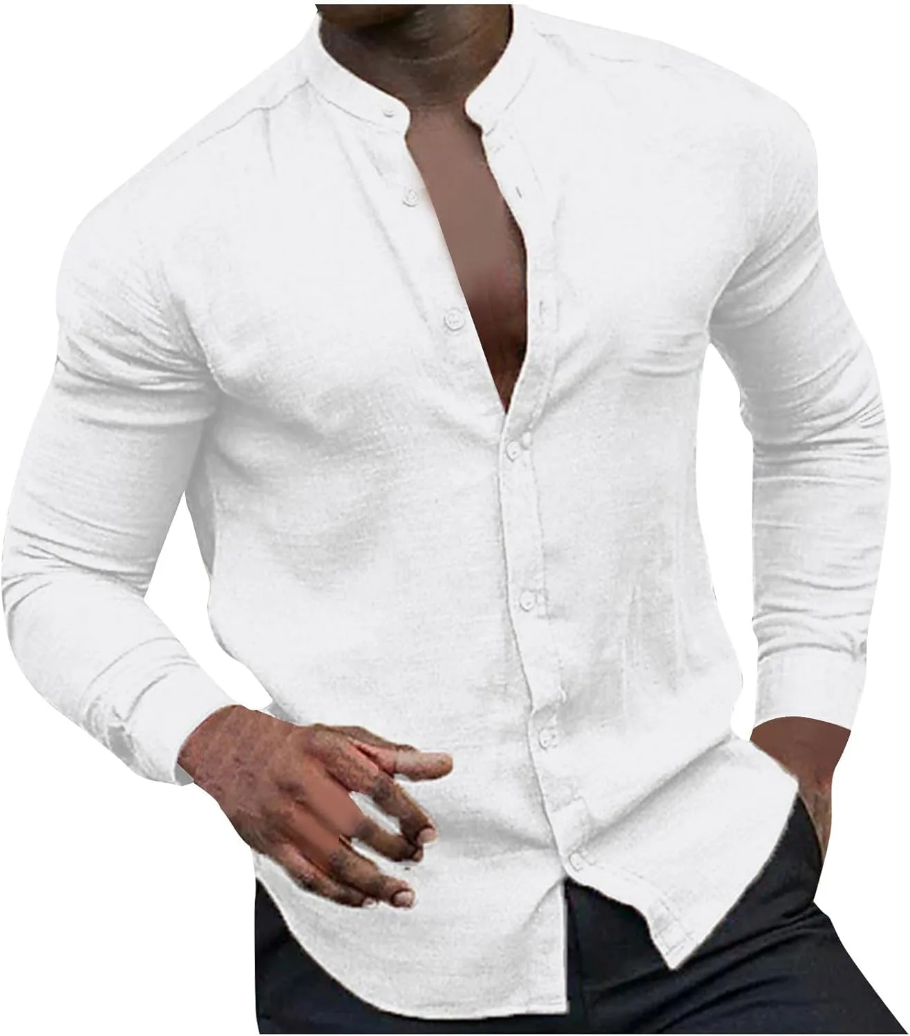 Мужская льняная рубашка на пуговицах с длинным рукавом и стойкой QUNPIU
Мужская льняная рубашка на пуговицах с длинным рукавом и стойкой QUNPIU