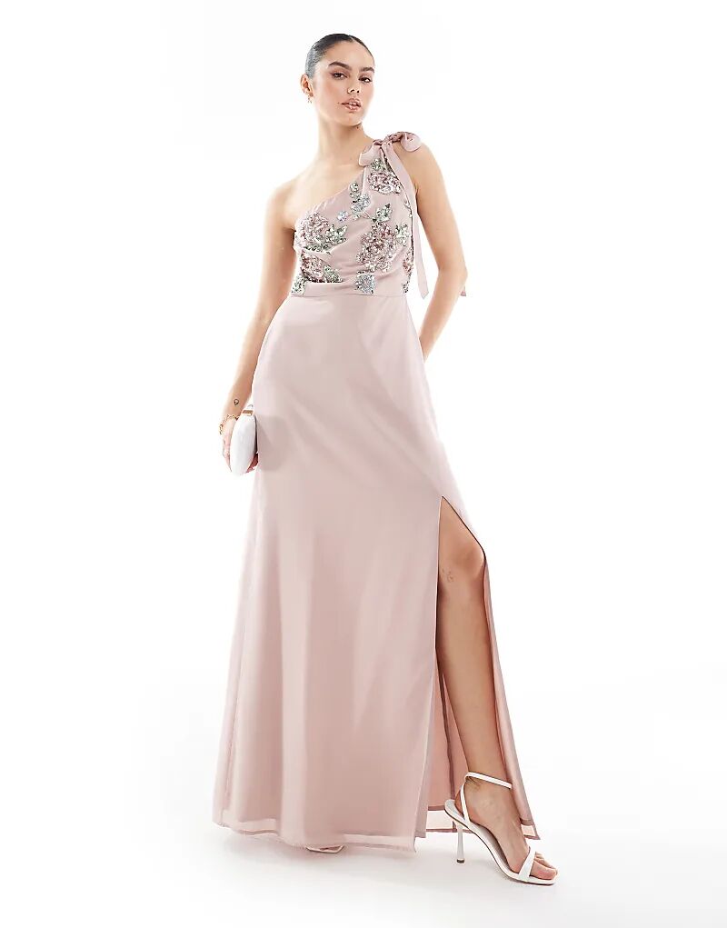 Платье макси на одно плечо с цветочным декором и завязками матово-розового цвета Maya
Платье макси на одно плечо с цветочным декором и завязками матово-розового цвета Maya