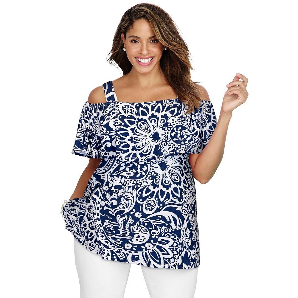 Женская туника эластичного трикотажа с оборками и открытыми плечами Jessica London больших размеров, цвет Navy Scroll Medallion
Женская туника эластичного трикотажа с оборками и открытыми плечами Jessica London больших размеров, цвет Navy Scroll Medallion