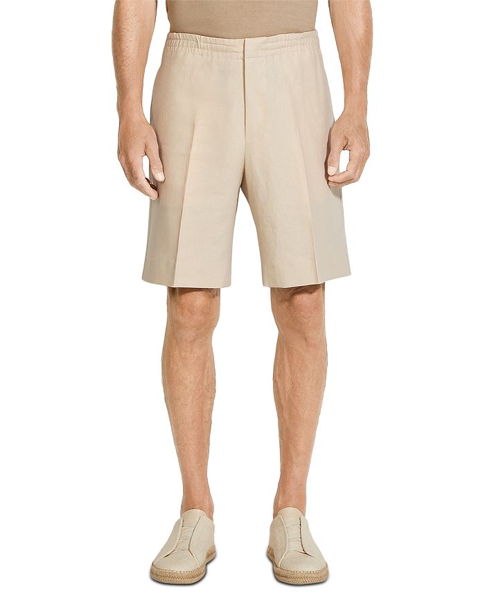 Шорты из льна с эластичной резинкой на талии, классический крой ZEGNA, коричневый/бежевый 
Шорты из льна с эластичной резинкой на талии, классический крой ZEGNA, коричневый/бежевый