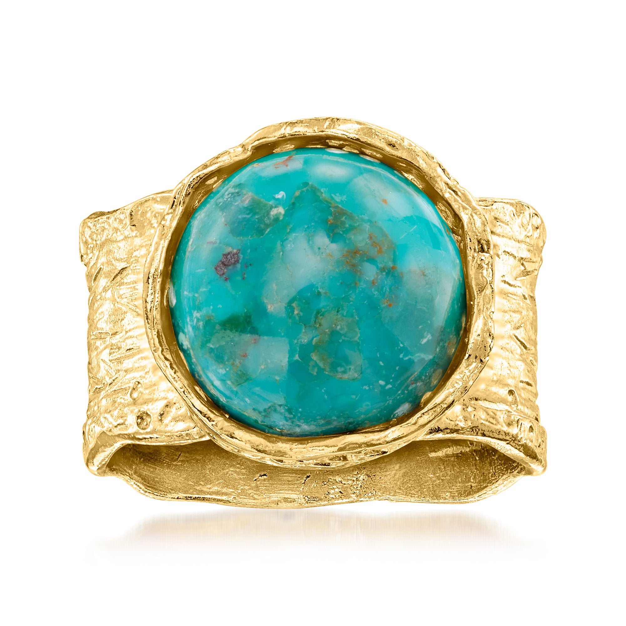 Кольцо Ross-Simons Turquoise Wide Band Ring из текстурированного и полированного 18-каратного золота поверх стерлингового серебра Ross-Simons, синий
Кольцо Ross-Simons Turquoise Wide Band Ring из текстурированного и полированного 18-каратного золота поверх стерлингового серебра Ross-Simons, синий