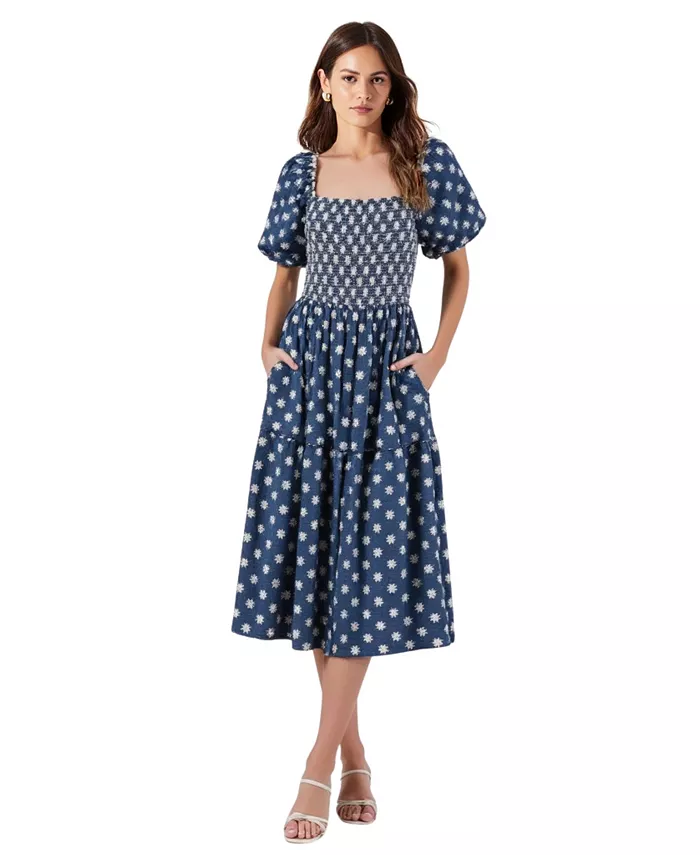 Женское платье миди с присборенными рукавами-фонариками и карманами Modenaire, синий 
Женское платье миди с присборенными рукавами-фонариками и карманами Modenaire, синий