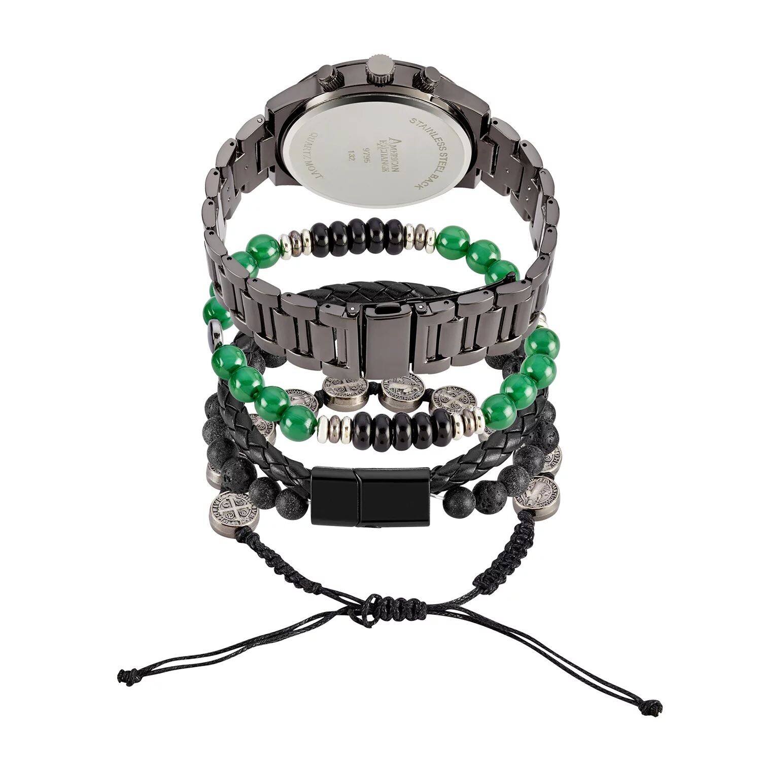 Набор мужских аналоговых часов и штабелируемого браслета
Набор мужских аналоговых часов и штабелируемого браслета