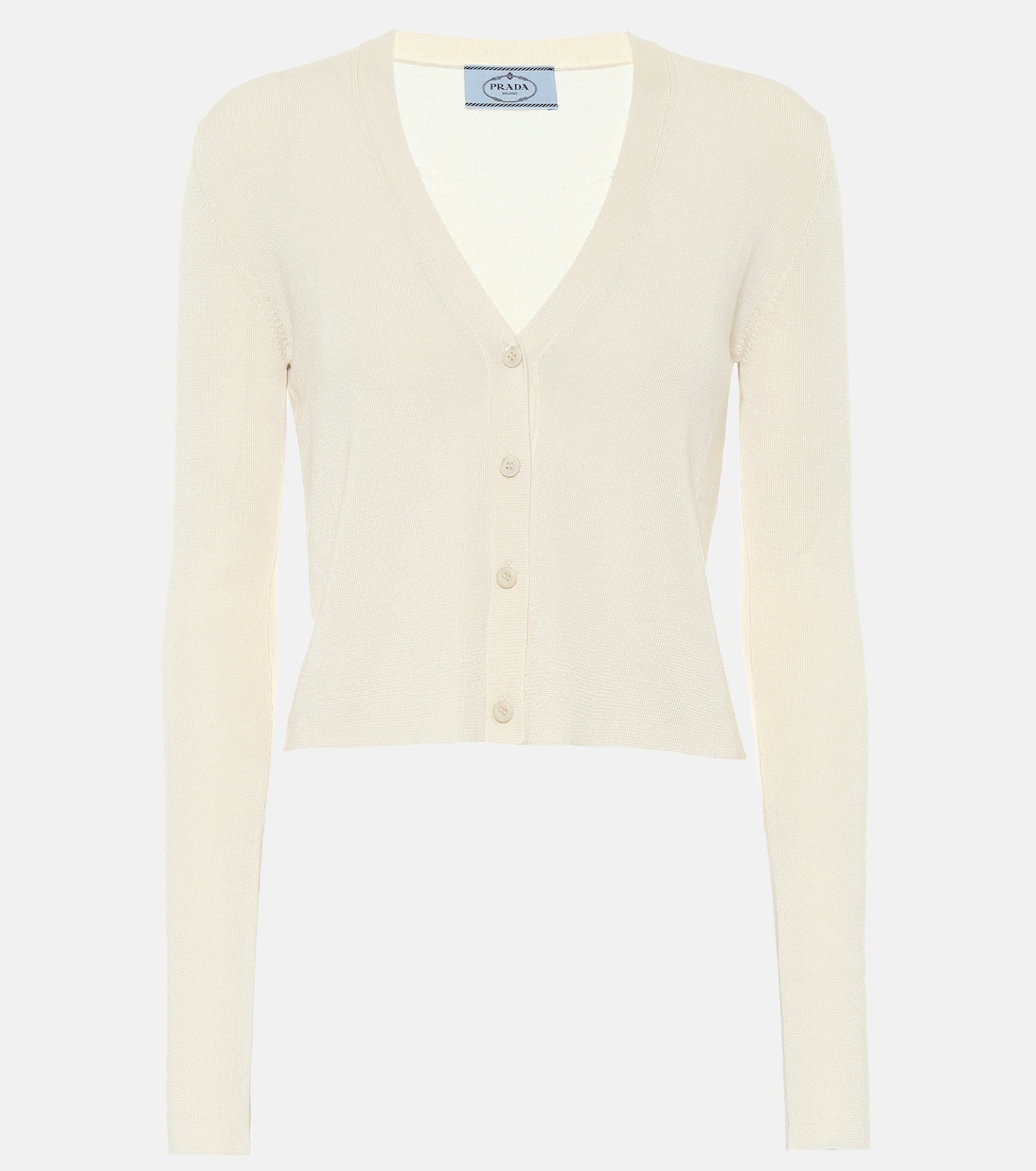 Короткий кардиган из кашемира и шелка Prada, кремовый
Короткий кардиган из кашемира и шелка Prada, кремовый