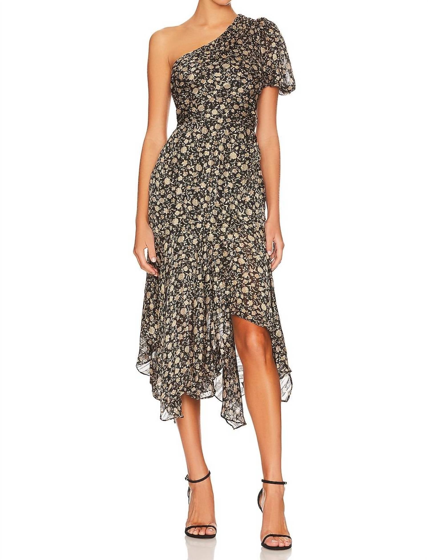 Флоральное миди-платье с одним плечом в коричневом цвете ASTR