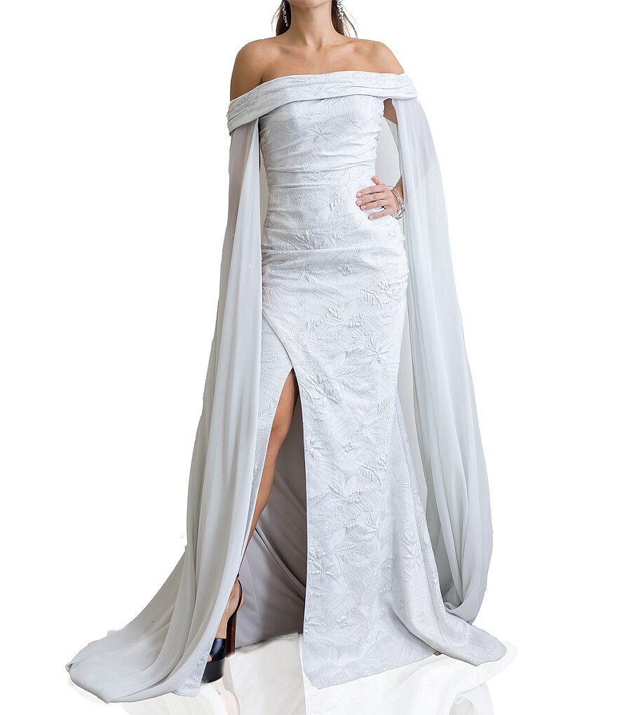 Terani Couture Шифоновое платье-накидка с открытыми плечами и длинными рукавами, жаккардовое платье-колонна, серебро
Terani Couture Шифоновое платье-накидка с открытыми плечами и длинными рукавами, жаккардовое платье-колонна, серебро