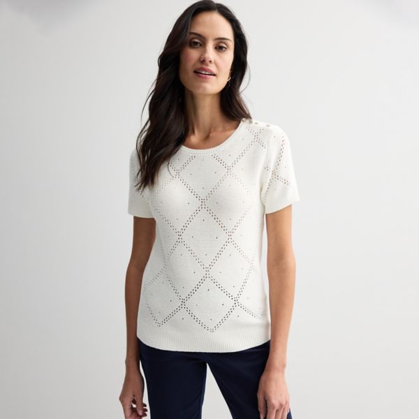 Женский короткий рукав свитер с бриллиантовыми пуговицами Croft & Barrow, белый 
Женский короткий рукав свитер с бриллиантовыми пуговицами Croft & Barrow, белый