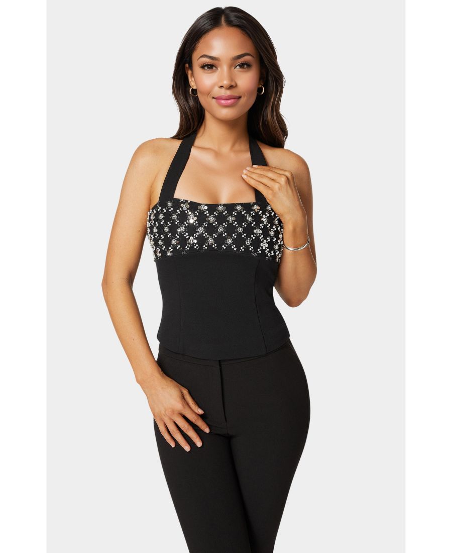 Женский топ с завязками на шее, украшенный бисером и пайетками Bebe, Black
Женский топ с завязками на шее, украшенный бисером и пайетками Bebe, Black