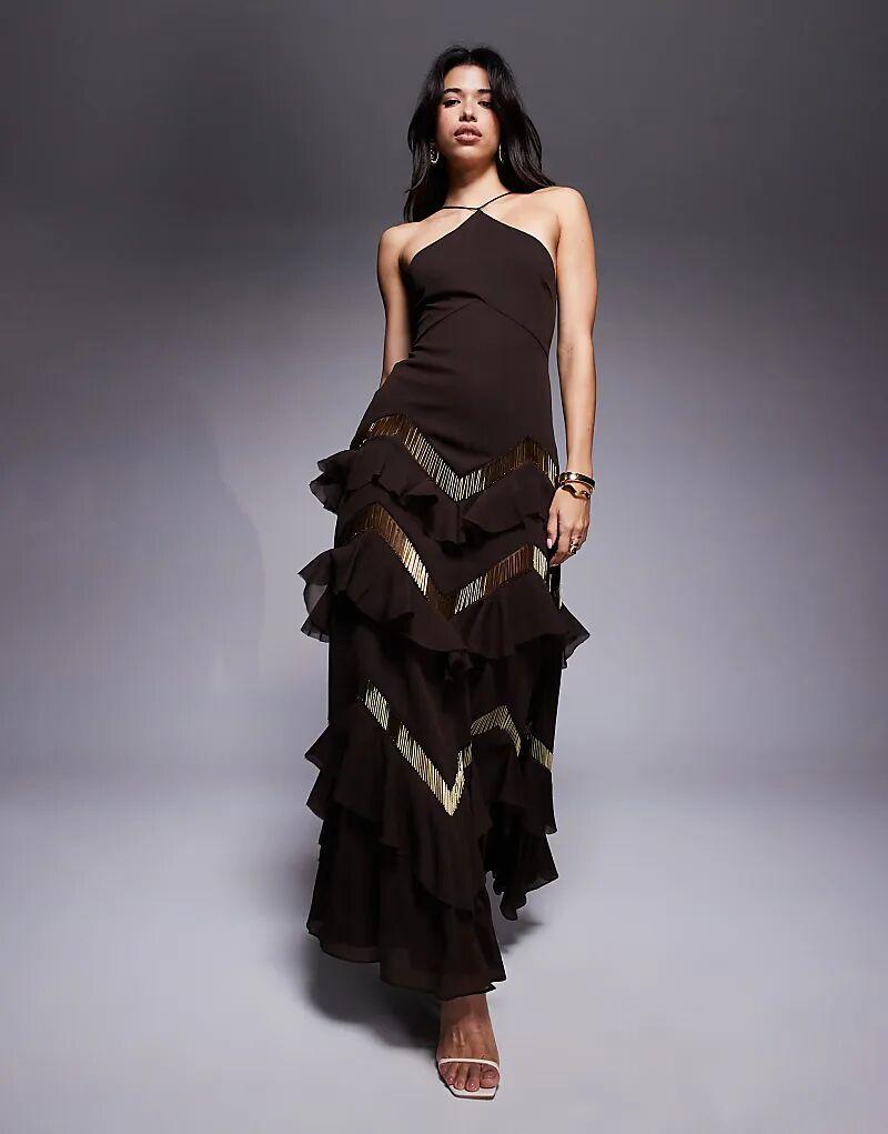 Платье макси ASOS DESIGN с халтер-воротом, многоярусными декорированными оборками шоколадного цвета
Платье макси ASOS DESIGN с халтер-воротом, многоярусными декорированными оборками шоколадного цвета