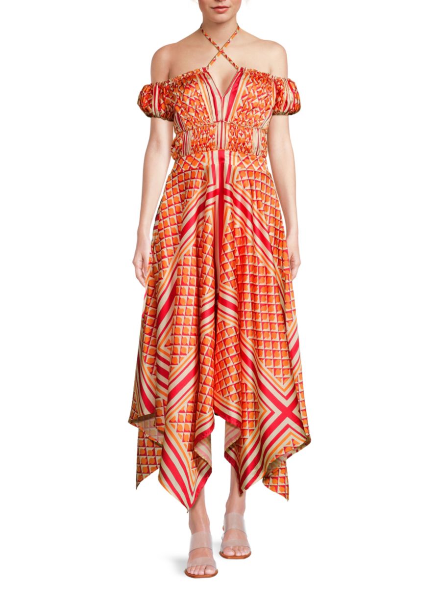 Платье миди из розового атласа с принтом в виде платка Area Stars, цвет Orange Dot
Платье миди из розового атласа с принтом в виде платка Area Stars, цвет Orange Dot