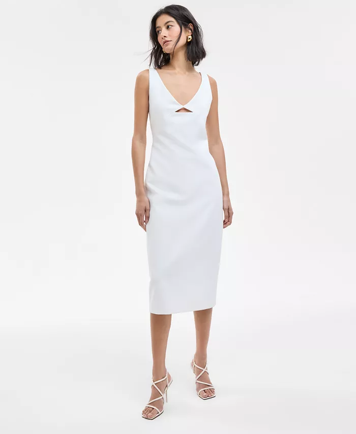 Женское облегающее платье миди без рукавов с вырезом HUGO, белый 
Женское облегающее платье миди без рукавов с вырезом HUGO, белый