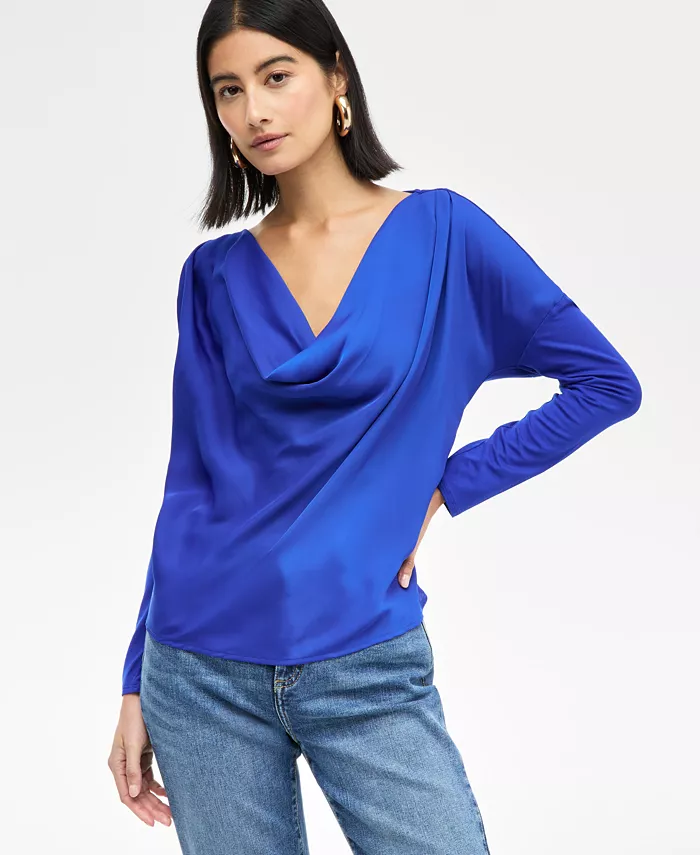 Женский топ с атласной вставкой спереди и капюшоном I.N.C. International Concepts, синий 
Женский топ с атласной вставкой спереди и капюшоном I.N.C. International Concepts, синий