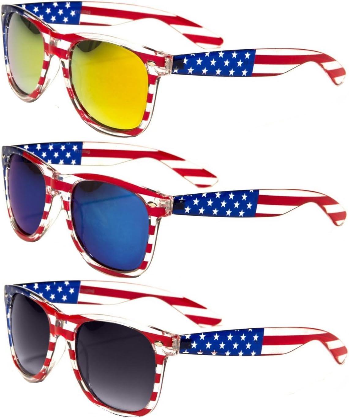 Классические солнцезащитные очки VWE с зеркальной оправой и изображением американского патриотического флага (США) - прозрачная оправа V.W.E., 3 Pairs (Orange/Blue/Gray)
Классические солнцезащитные очки VWE с зеркальной оправой и изображением американского патриотического флага (США) - прозрачная оправа V.W.E., 3 Pairs (Orange/Blue/Gray)