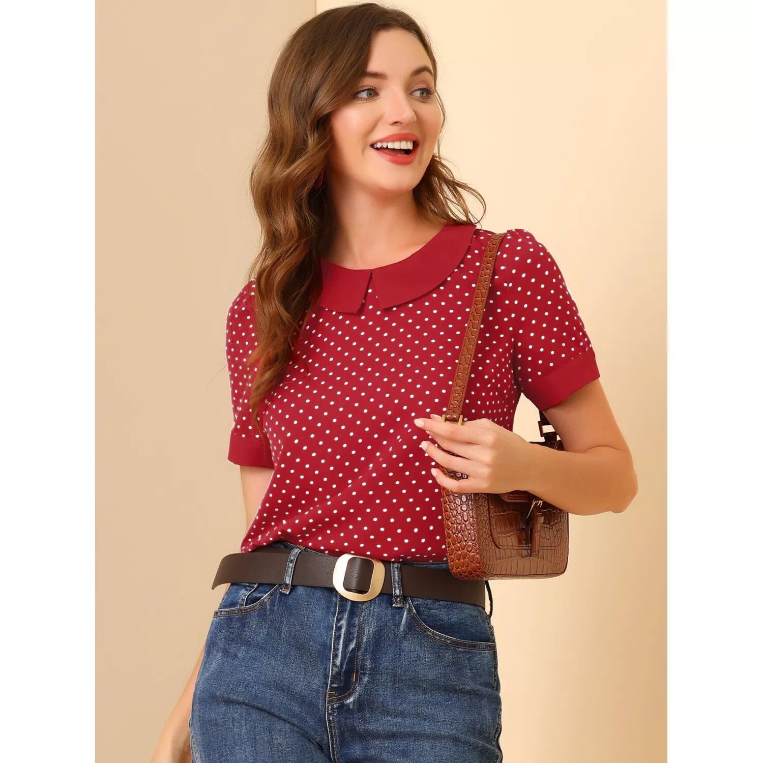 Женская рубашка с воротником Питера Пэна, винтажная блузка в горошек 1950-х годов ALLEGRA K, красный
Женская рубашка с воротником Питера Пэна, винтажная блузка в горошек 1950-х годов ALLEGRA K, красный