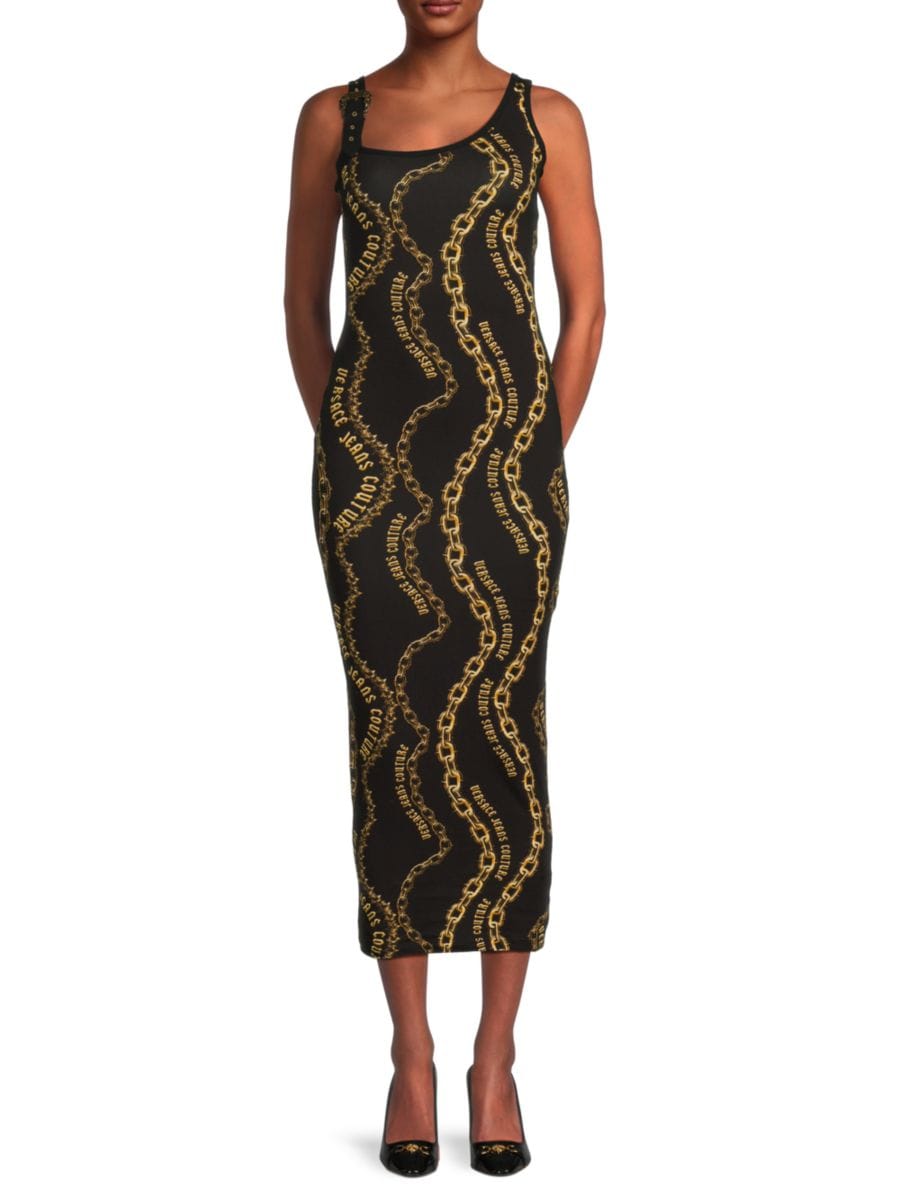 Платье-футляр миди с логотипом и цепочкой Versace Jeans Couture, цвет Black Gold
Платье-футляр миди с логотипом и цепочкой Versace Jeans Couture, цвет Black Gold