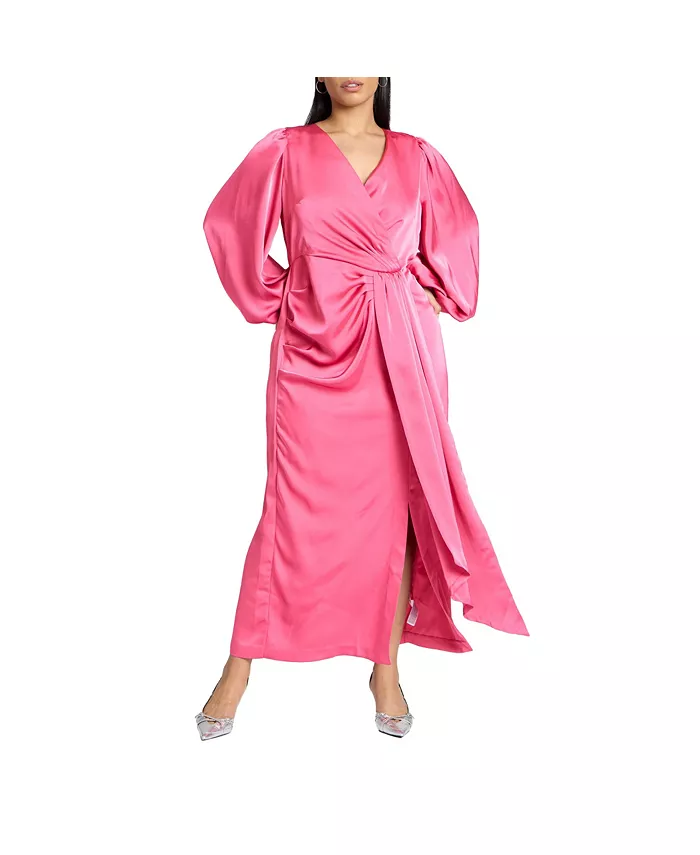 Женское платье с плиссированной юбкой и пышными рукавами из сатина ELOQUII, розовый 
Женское платье с плиссированной юбкой и пышными рукавами из сатина ELOQUII, розовый