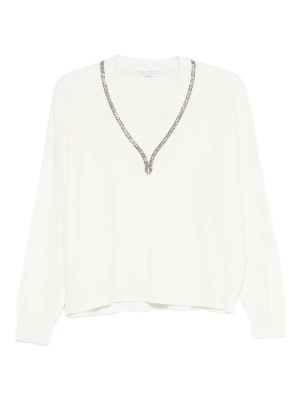 Кашемировый свитер с V-образным вырезом и отделкой Brunello Cucinelli, белый 
Кашемировый свитер с V-образным вырезом и отделкой Brunello Cucinelli, белый