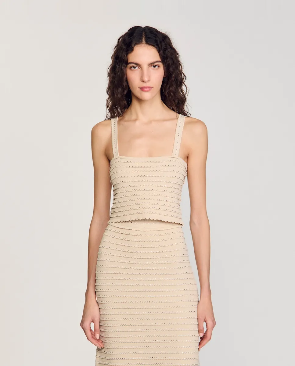 Женский короткий трикотажный топ со стразами Sandro, бежевый
Женский короткий трикотажный топ со стразами Sandro, бежевый