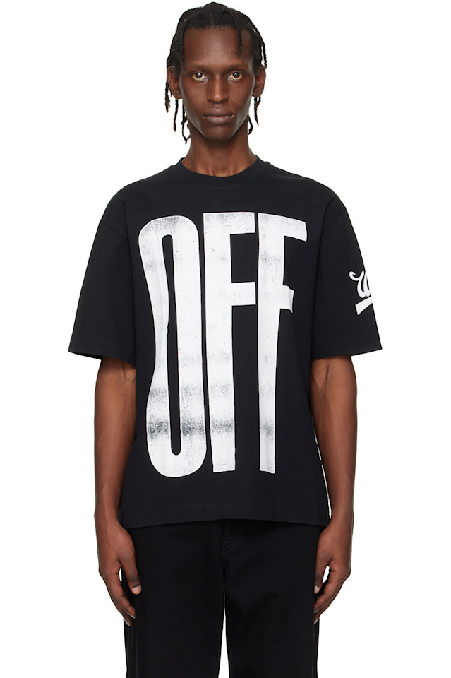 Off-White Черная футболка с большим смещенным по диагонали логотипом скейтборда
Off-White Черная футболка с большим смещенным по диагонали логотипом скейтборда